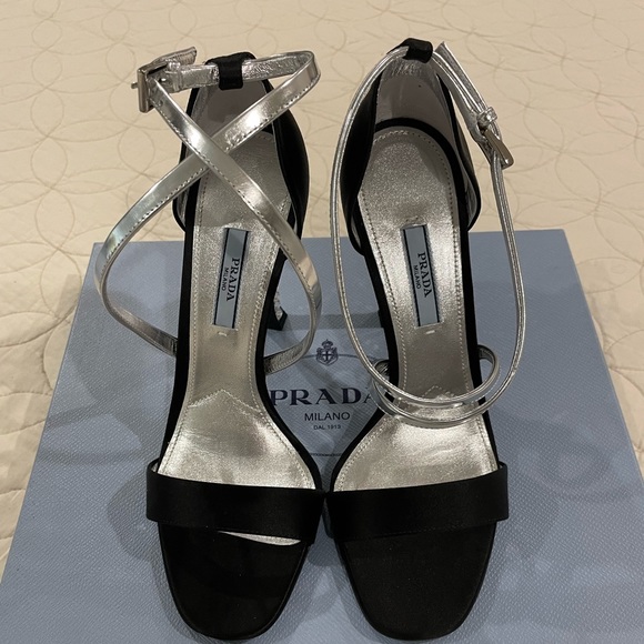 NIB Prada Satin Black Criss Cross Strappy Heels 7.5 - Picture 2 of 12